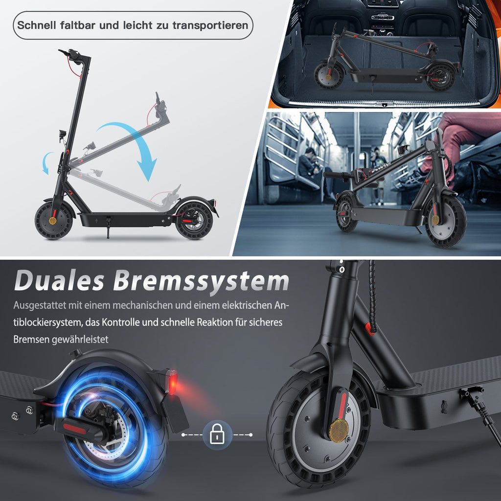 LynorHome E9 E-Scooter mit Straßenzulassung mit klappbarem Design, Dual-Bremssystem und hervorgehobenen Funktionen auf grauem Hintergrund