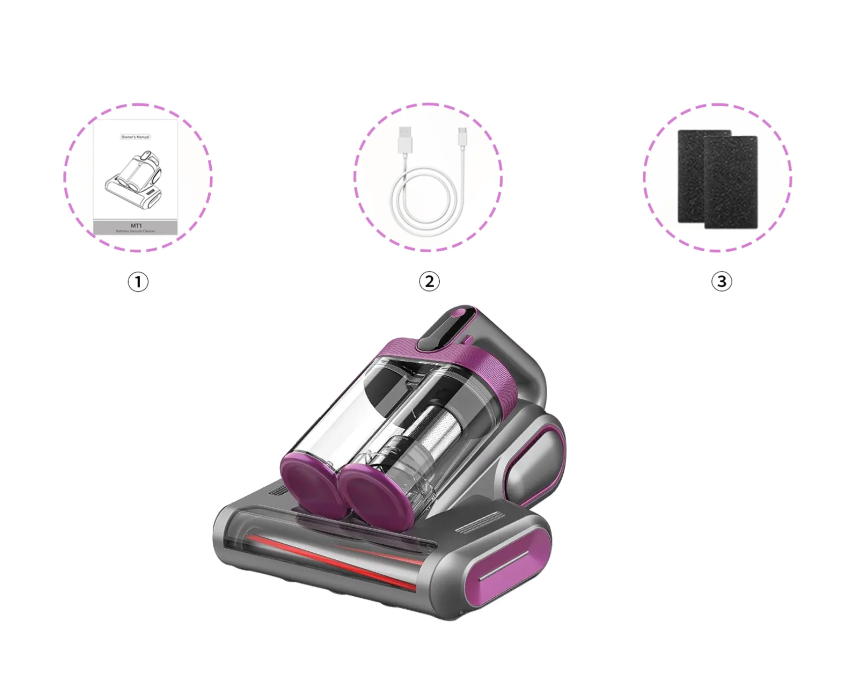 Lila-grauer handgehaltener LynorHome Milbensauger mit Zubehör auf weißem Hintergrund