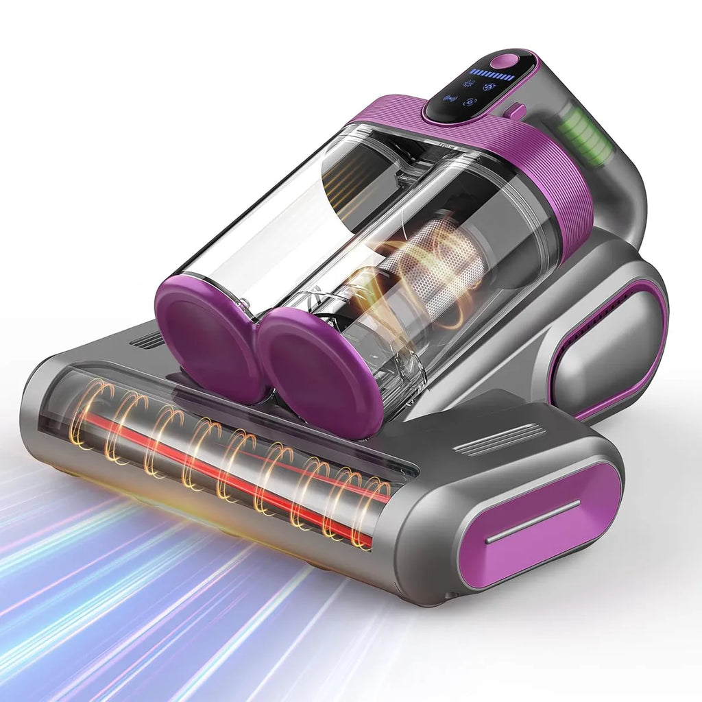 Lila-grauer handgehaltener LynorHome Milbensauger auf weißem Hintergrund