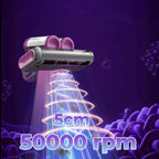 Lila-silbernes Gerät mit den Texten „5cm“ und „50000 rpm“ vor dunklem Hintergrund