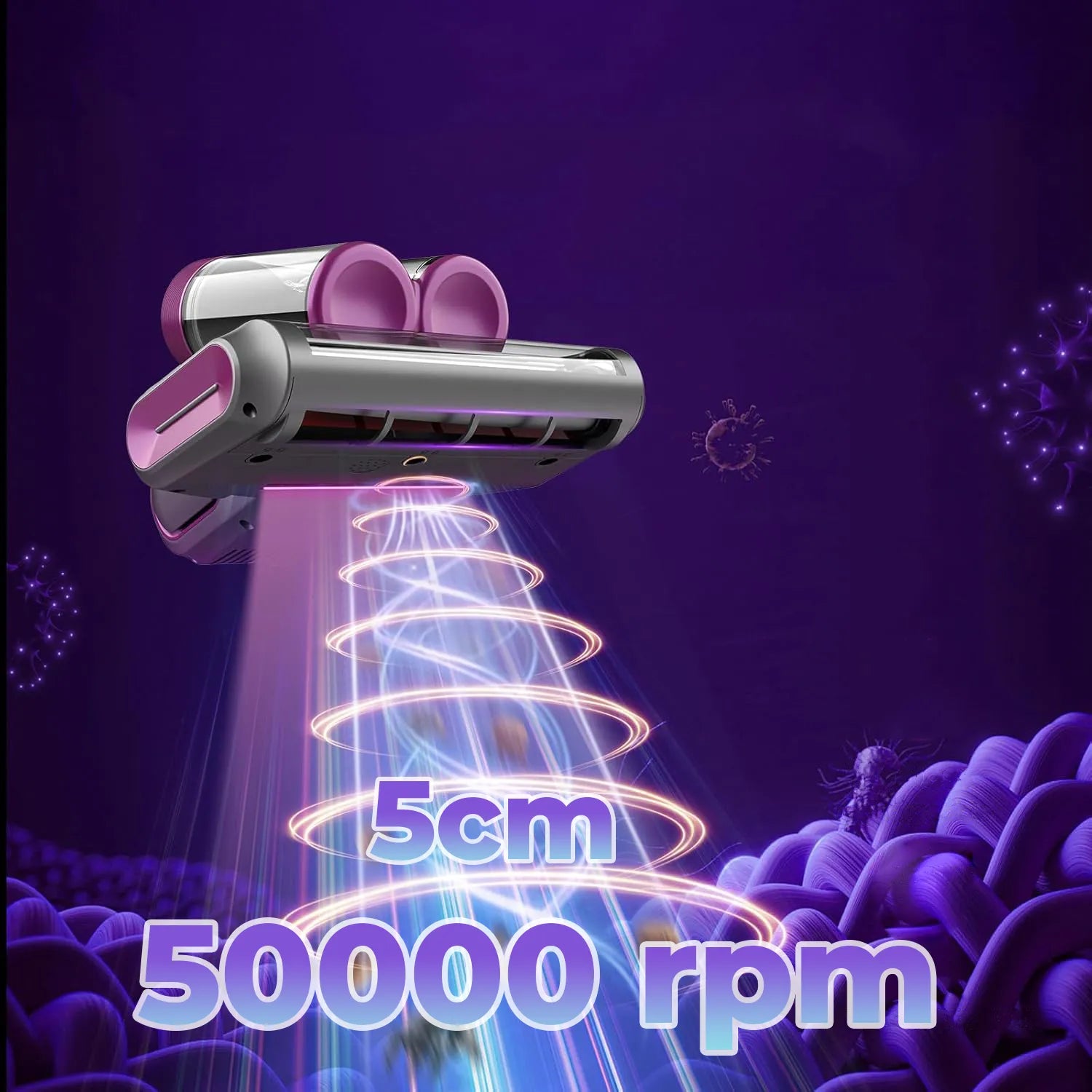 Lila-silbernes Gerät mit den Texten „5cm“ und „50000 rpm“ vor dunklem Hintergrund