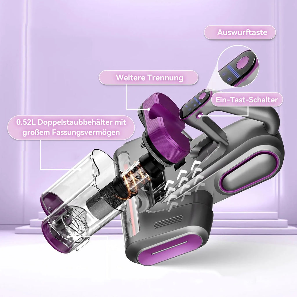 Handgehaltener LynorHome Milbensauger mit violetten Akzenten auf hellviolettem Hintergrund