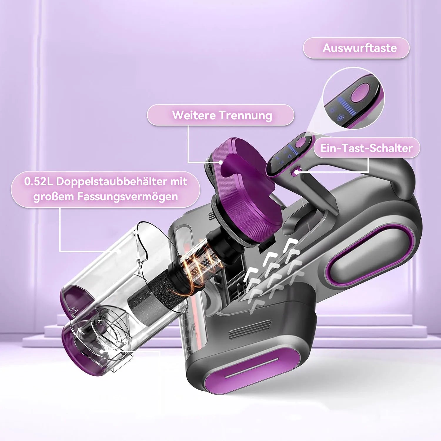 Handgehaltener LynorHome Milbensauger mit violetten Akzenten auf hellviolettem Hintergrund