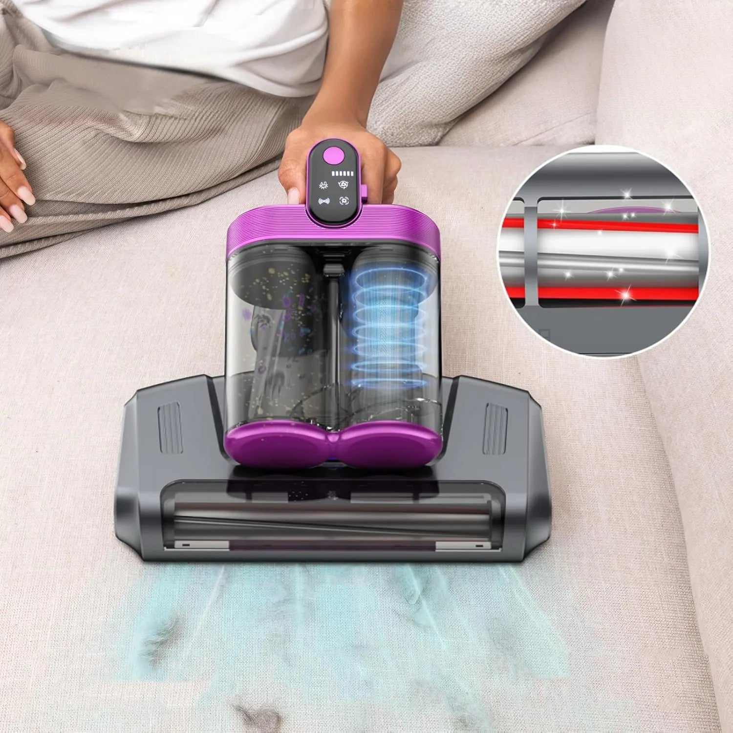 Lila-schwarzer LynorHome Milbensauger auf Teppich mit Nahaufnahme der Düse
