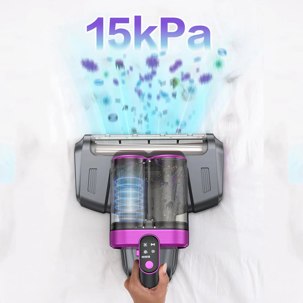 Handgehaltener LynorHome Milbensauger mit Wasserzerstäubungsfunktion und „15kPa“-Text auf weißem Hintergrund