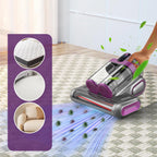 LynorHome Milbensauger reinigt einen Teppich mit violettem Panel, das Reinigungsbereiche auf Matratze, Oberfläche und Möbeln zeigt