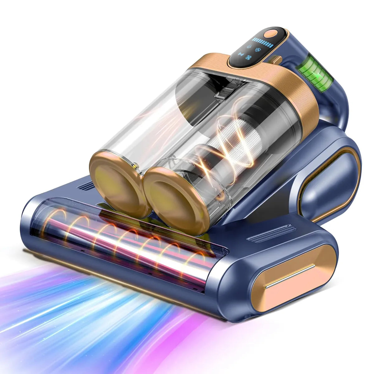 Blau-goldener handgehaltener LynorHome Milbensauger auf weißem Hintergrund