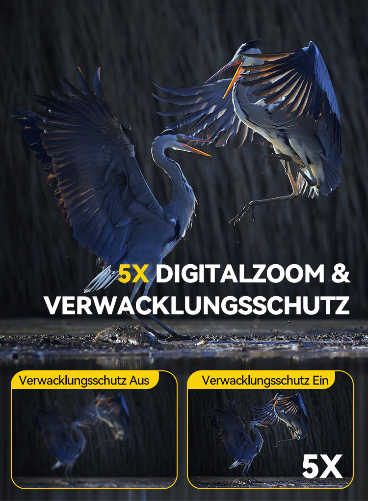 Zwei Vögel mit Text, der den LynorHome™ N4 Nachtsichtgerät 5-fach-Digitalzoom und die Anti-Shake-Funktion hervorhebt
