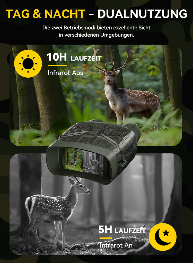 LynorHome N4 Nachtsichtgerät mit Tag- und Nacht-Dual-Use-Funktion, zeigt Hirsch im Wald und Infrarotmodus
