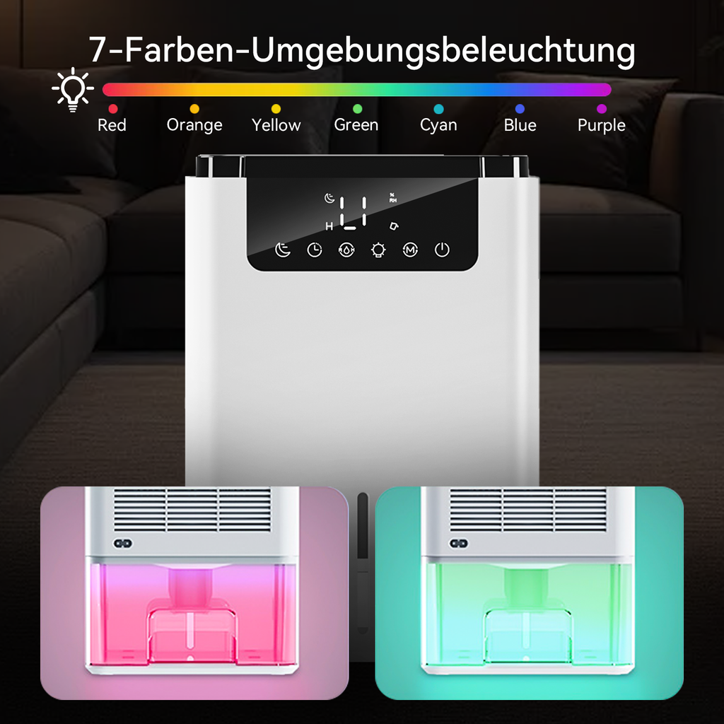 Marvics Intelligenter Luftentfeuchter D2 mit RGB-Beleuchtungsoptionen in einem dunklen Raum