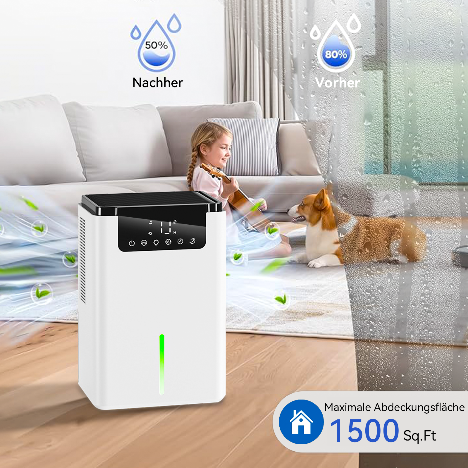 Marvics Luftentfeuchter D2 in einem Wohnzimmer mit Kind und Hund, zeigt Luftfeuchtigkeitswerte und Abdeckungsbereich