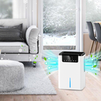 Marvics Luftentfeuchter D2 in einem Wohnzimmer mit Schnee außerhalb des Fensters