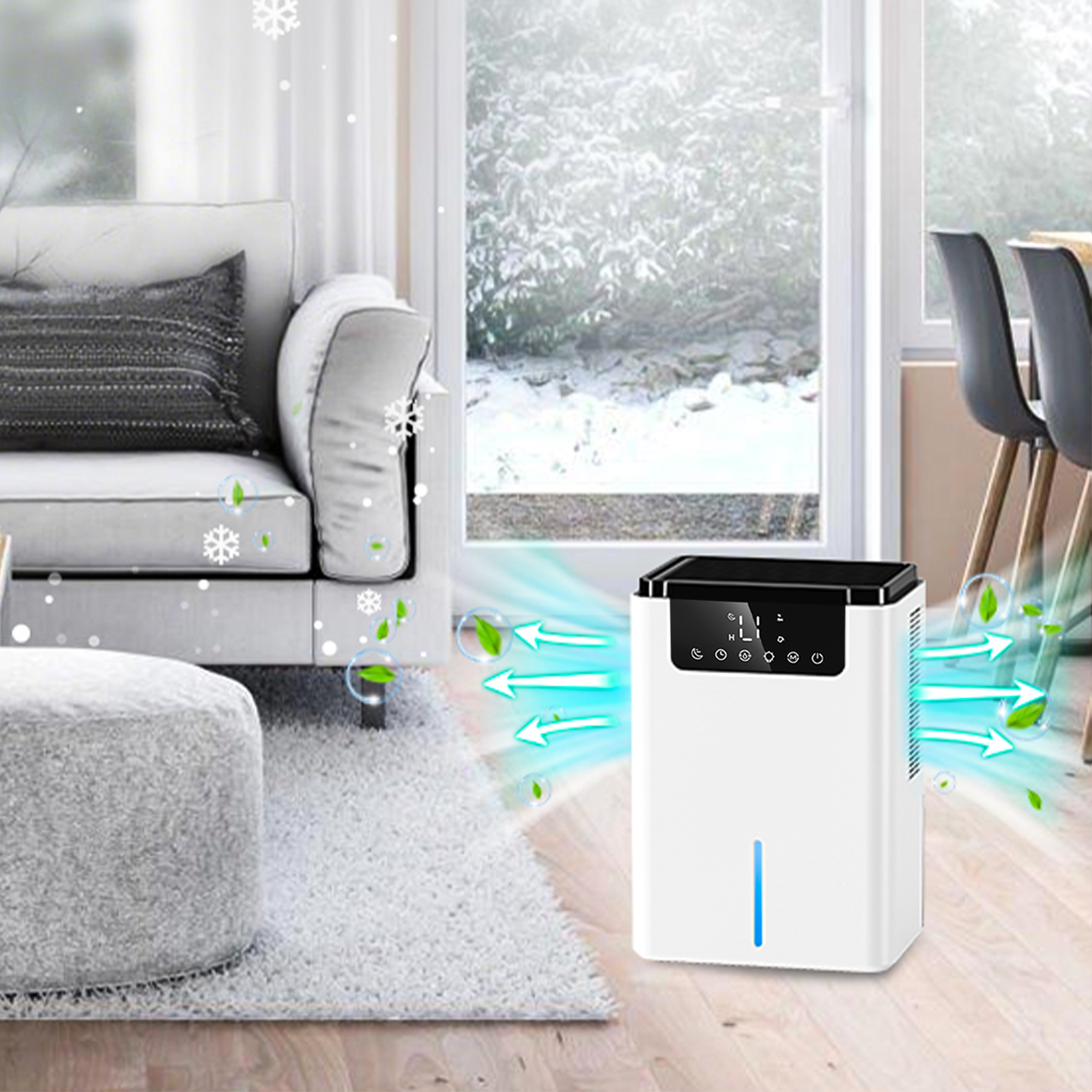 Marvics Luftentfeuchter D2 in einem Wohnzimmer mit Schnee außerhalb des Fensters