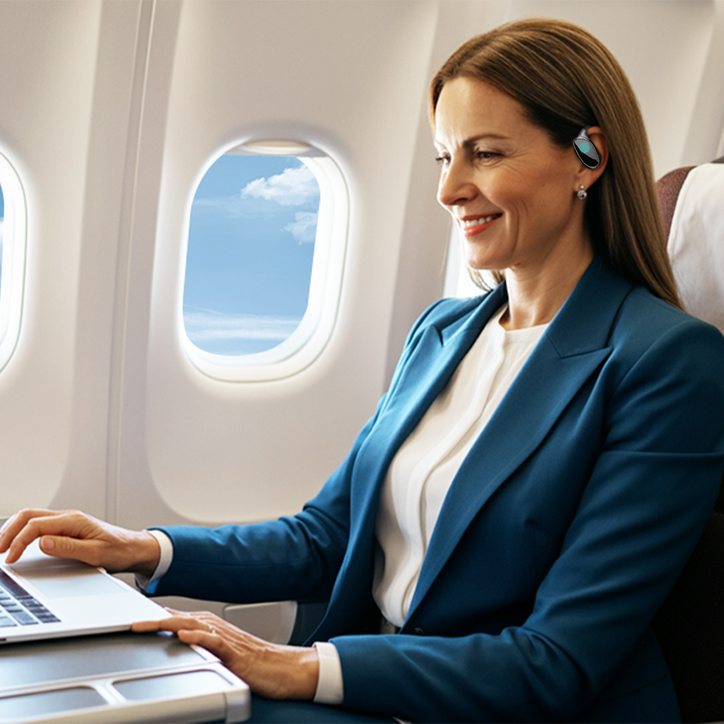 Frau im blauen Blazer nutzt einen Laptop im Flugzeug mit Blick aus dem Fenster