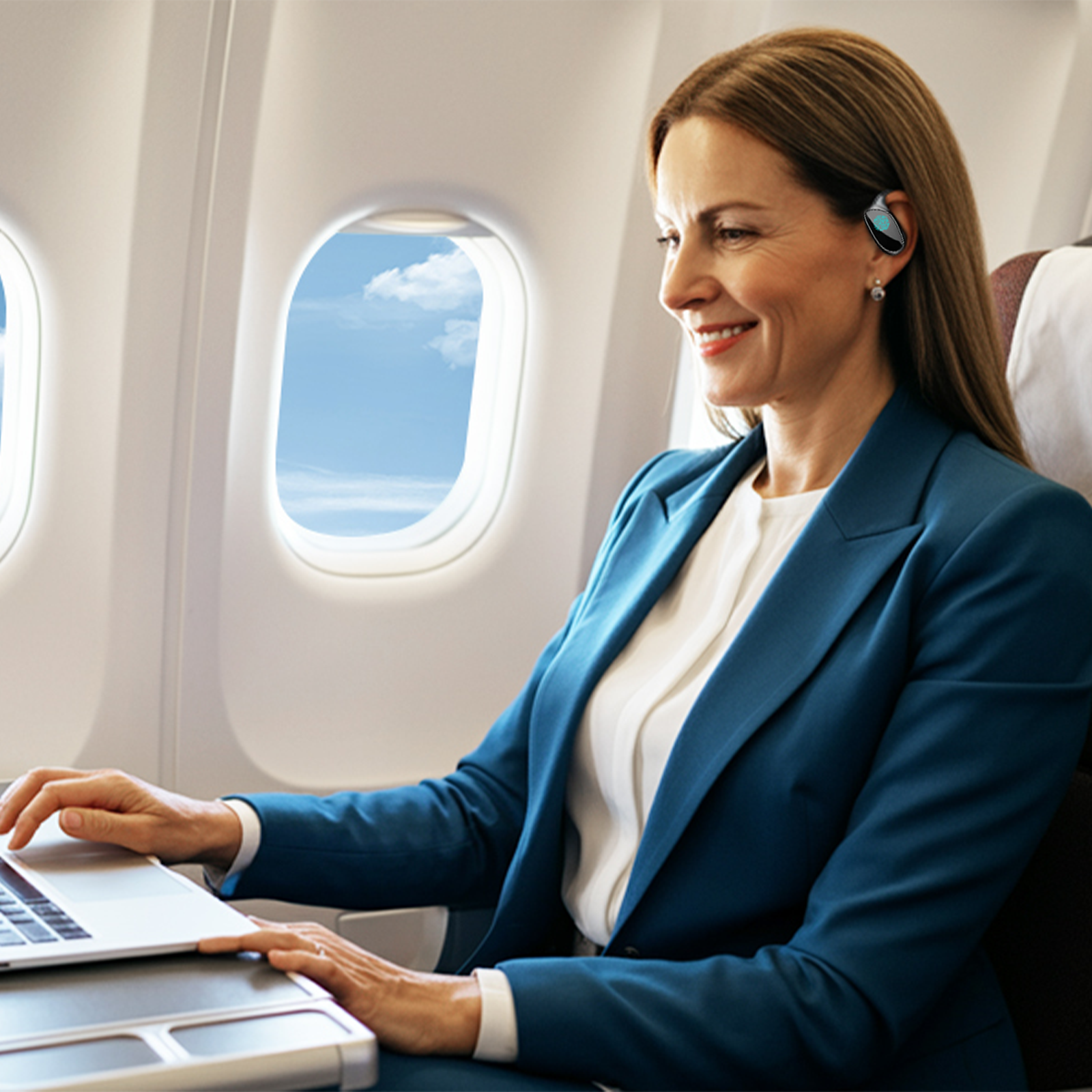 Frau im blauen Blazer nutzt einen Laptop im Flugzeug mit Blick aus dem Fenster