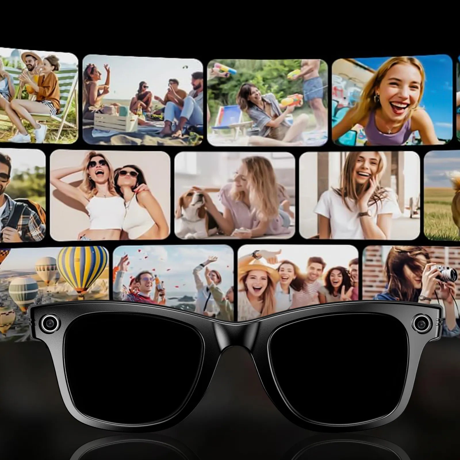 Collage von Menschen in verschiedenen Umgebungen mit einem Paar Meacode AI Smart Glasses im Vordergrund