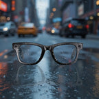 Schwarz gerahmte Meacode Smart Glasses auf nasser Stadtstraße mit unscharfem Verkehr im Hintergrund