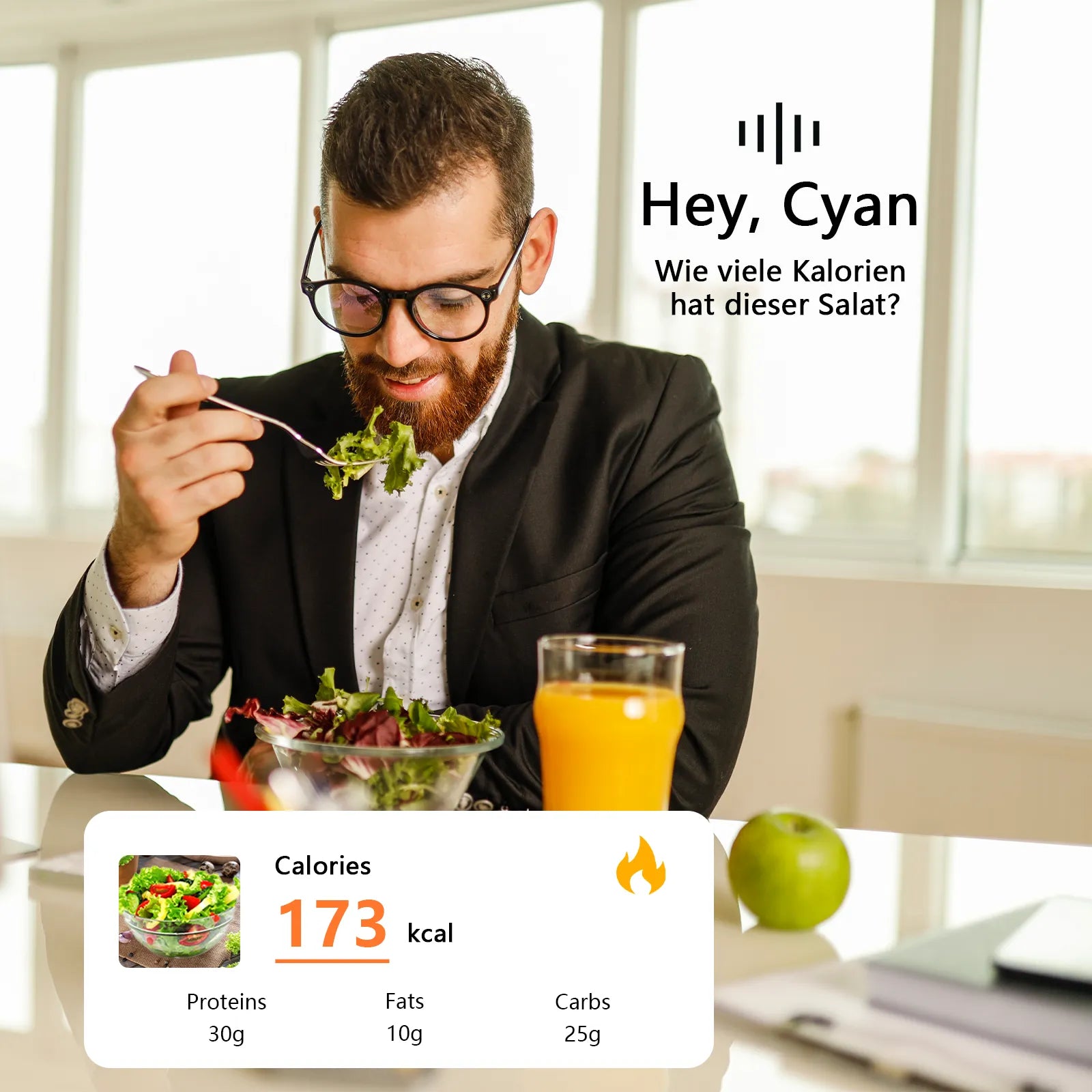 Mann isst Salat mit Meacode AI Smart Glasses, die Orangensaft und Kalorieninformationen auf dem Display einblenden