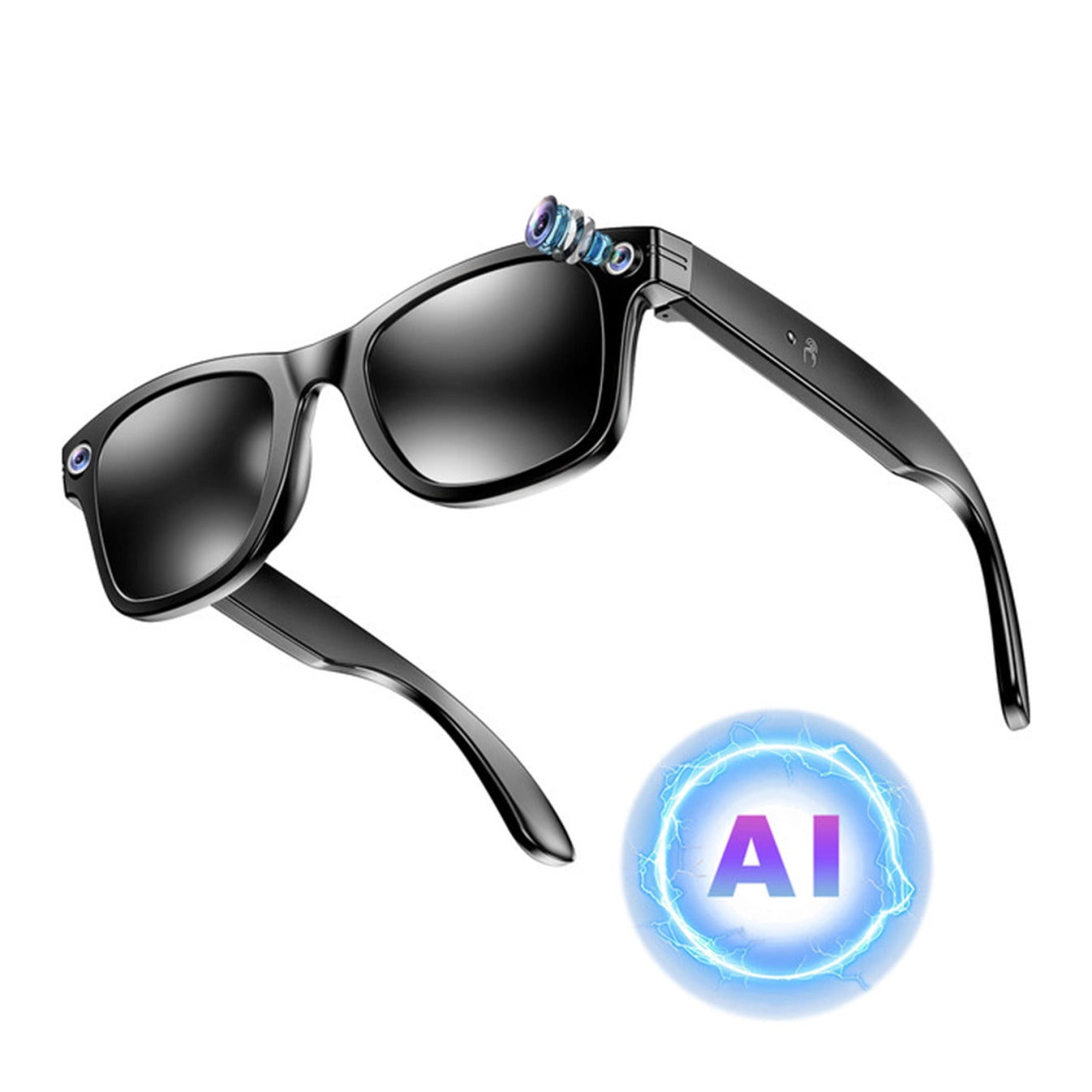 Schwarze Meacode AI Smart Glasses mit AI-Logo auf weißem Hintergrund