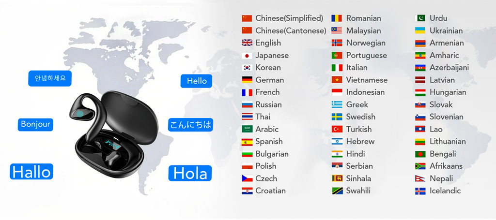 Meacode AI Translation Earbuds mit Weltkarte und angezeigten Sprachennamen