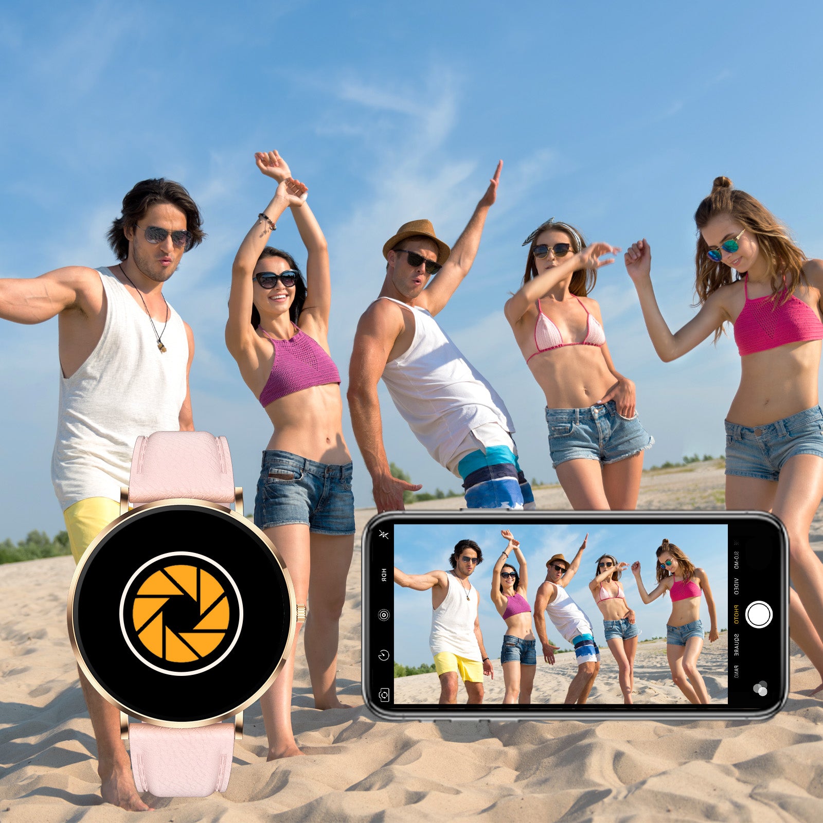 Gruppe von Menschen am Strand mit Smartphone-Kamera-App-Overlay, das ein Foto der Gruppe anzeigt