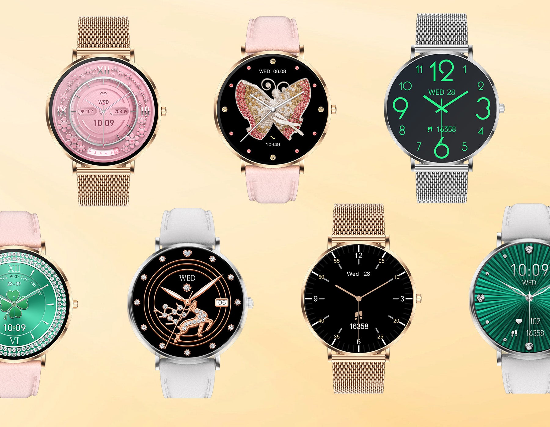 Sammlung verschiedener Meacode Smartwatches mit unterschiedlichen Designs auf hellgelbem Hintergrund