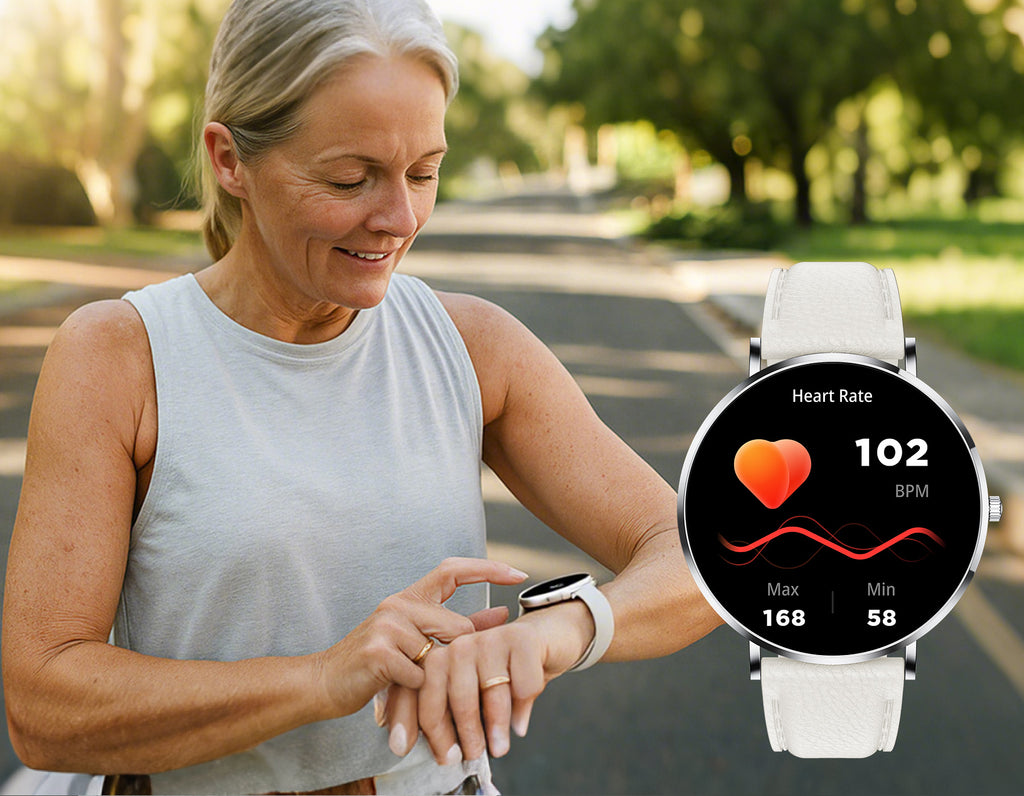 Frau nutzt Meacode Smartwatch mit Herzfrequenzanzeige im Freien