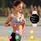 Frau trainiert im Freien mit Meacode Smartwatch am Handgelenk, umgeben von Fitness-App-Symbolen