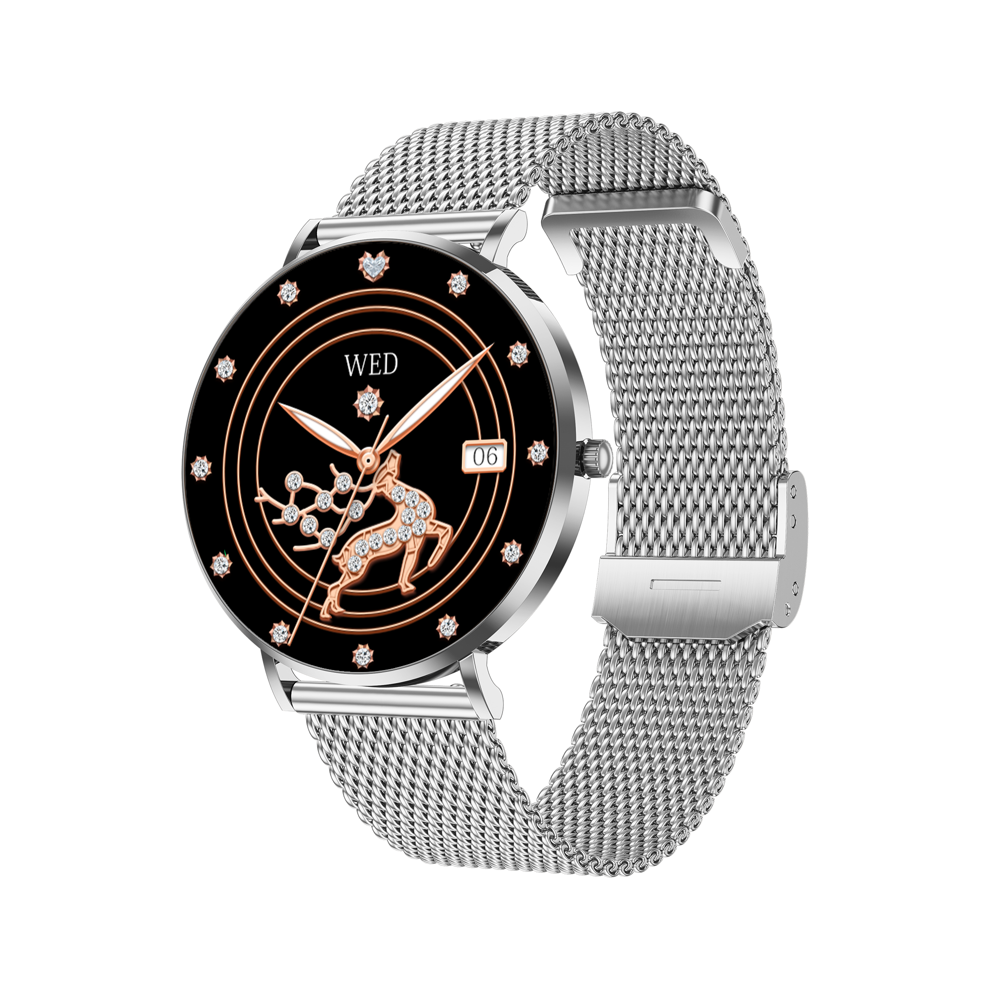 Silberne Meacode Smartwatch mit schwarzem Zifferblatt und Hirsch-Design auf weißem Hintergrund