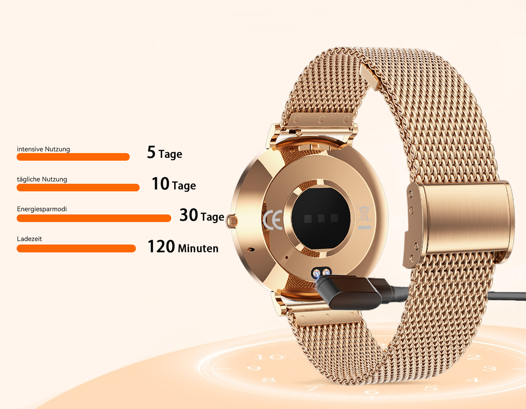 Goldene Meacode Smartwatch für Damen mit Ladekabel auf weißem Hintergrund