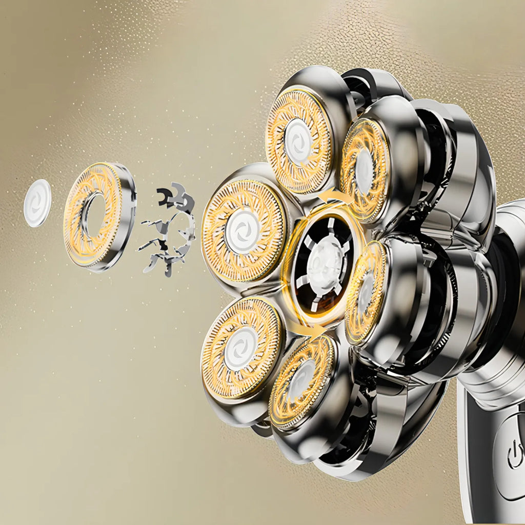 Nahaufnahme eines Mehrklingen-Onevik Glatzen Rasierers mit goldenen und silbernen Klingen vor beigem Hintergrund