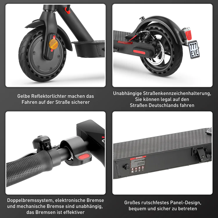 Nahaufnahmedetails eines LynorHome E9 E-Scooters mit Straßenzulassung mit deutschem Text über Sicherheitsmerkmale und legales Fahren