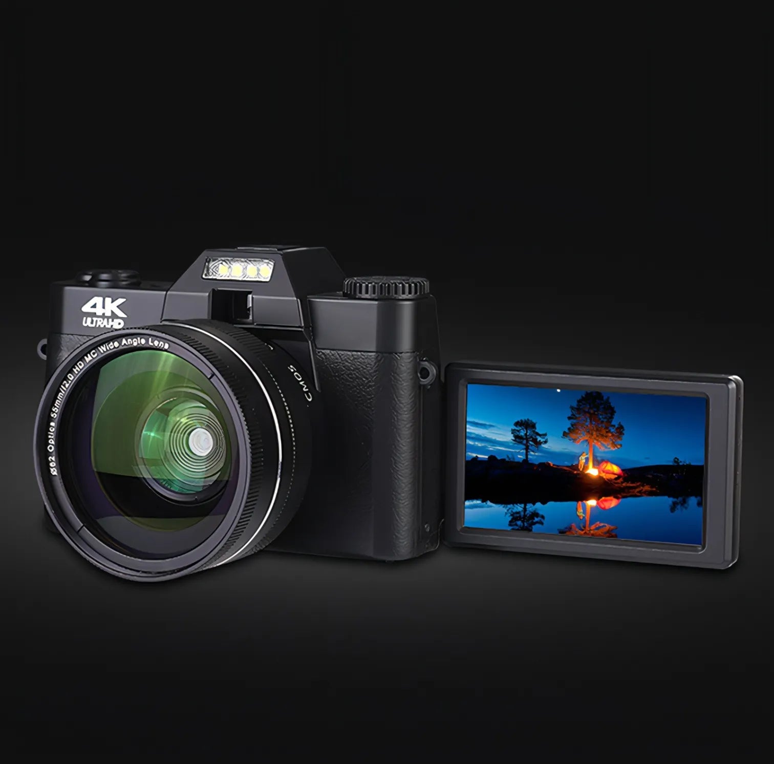 Onevik Digitalkamera with a screen displaying a scenic image on a black background