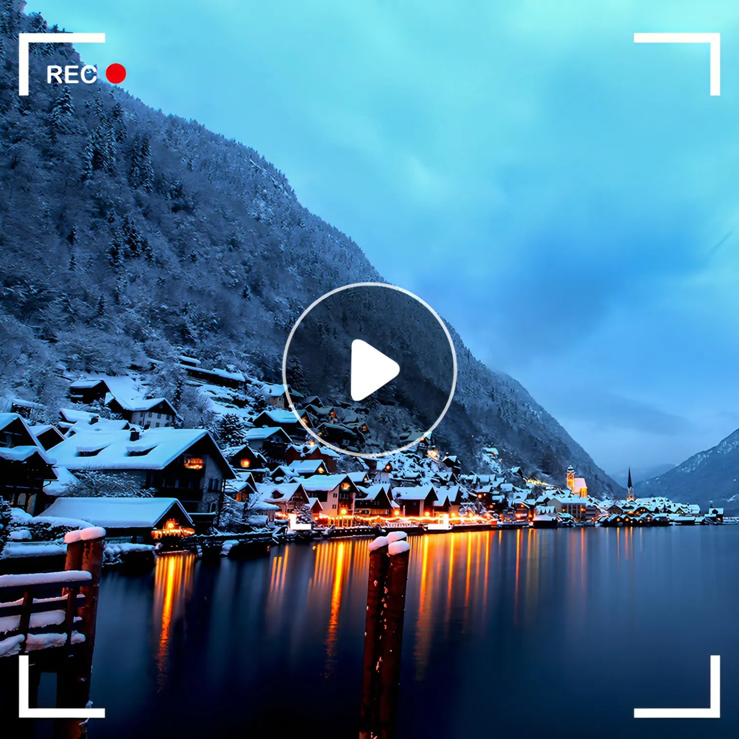 Snowy mountain village reflected in a lake with a play button overlay