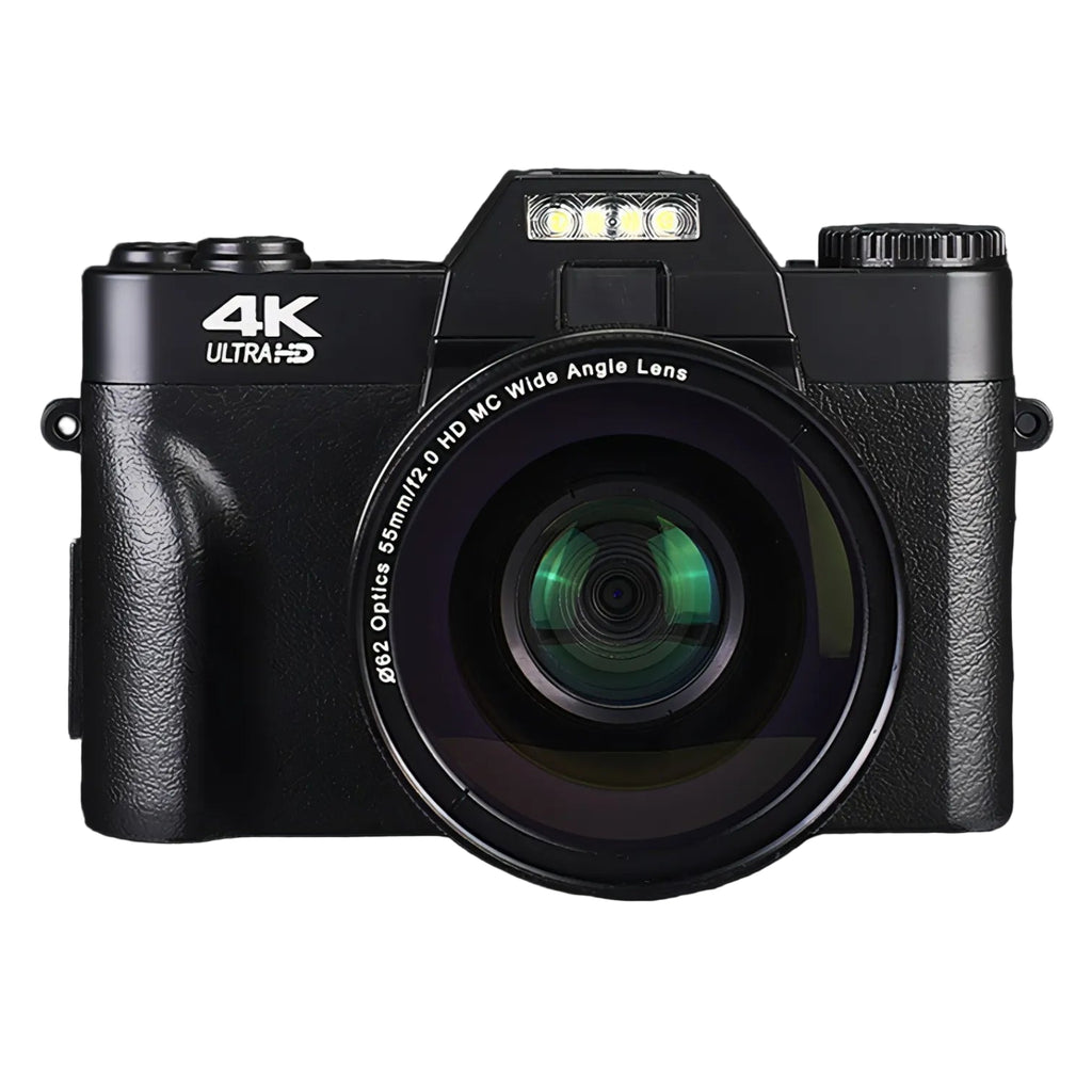 Black Onevik Digitalkamera with 4K Ultra-HD label on a black background