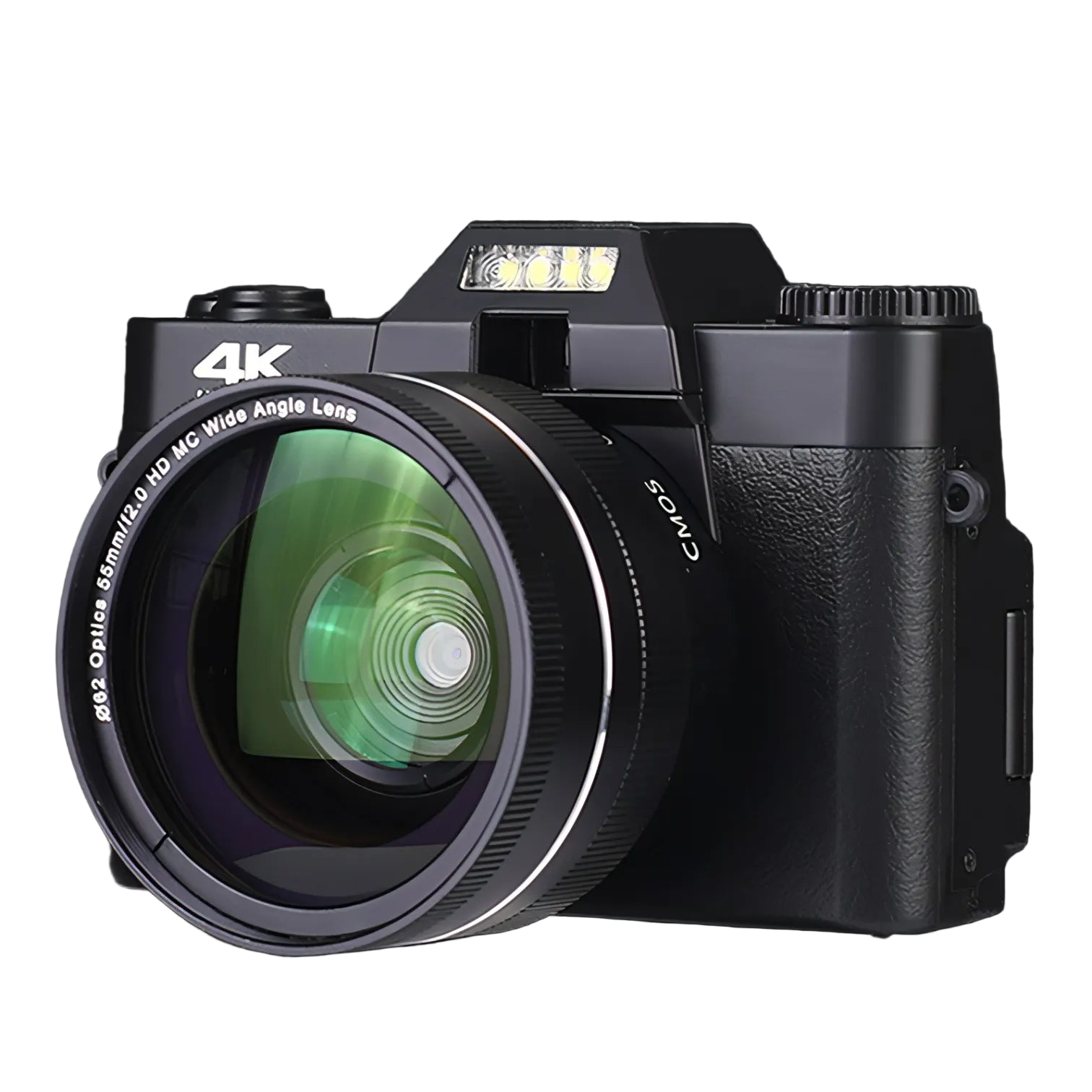 Black Onevik Digitalkamera with a large lens on a black background