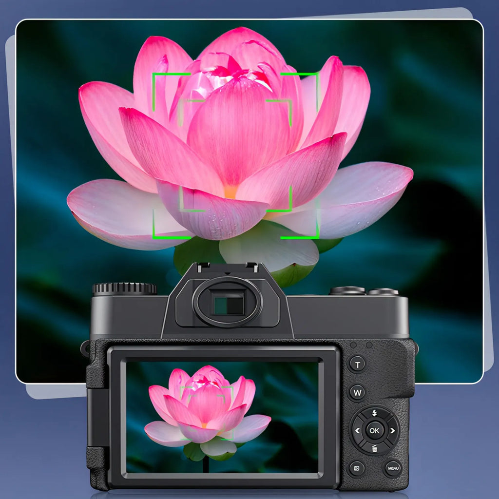Onevik Digitalkamera displaying a pink lotus flower on its screen with a monitor showing the same image in the background.