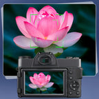 Onevik Digitalkamera displaying a pink lotus flower on its screen with a monitor showing the same image in the background.