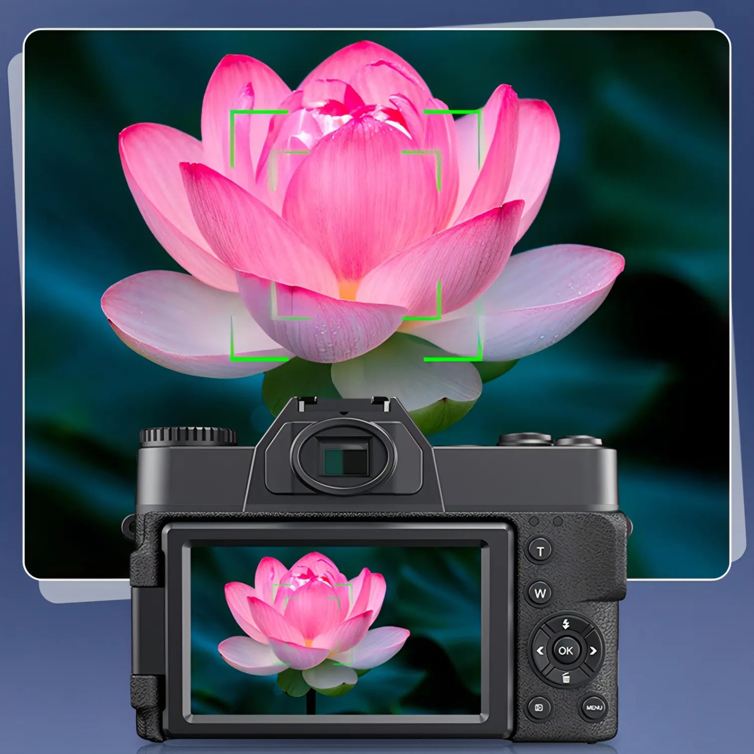 Onevik Digitalkamera displaying a pink lotus flower on its screen with a monitor showing the same image in the background.