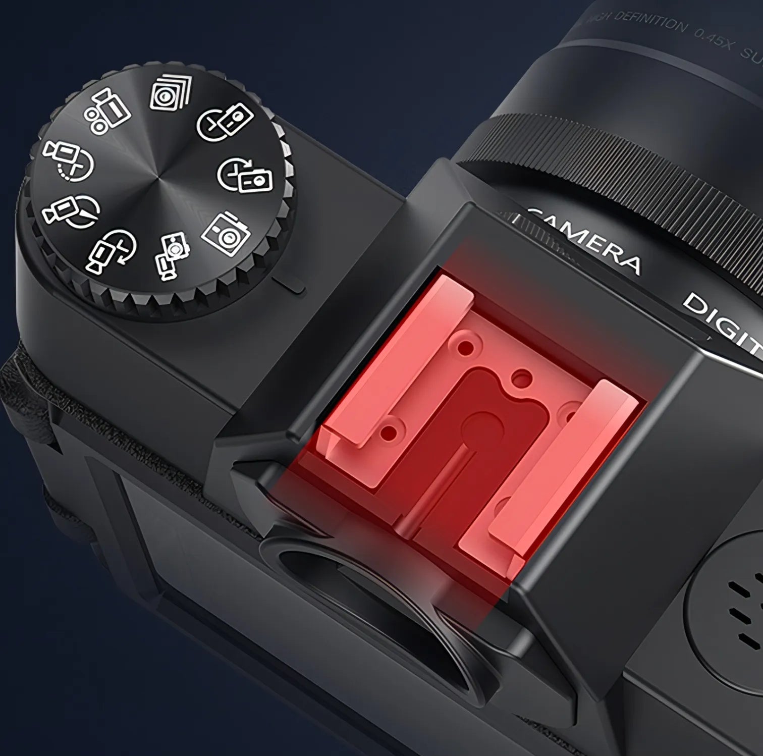 Onevik Digitalkamera body with a red flash attachment on a dark background