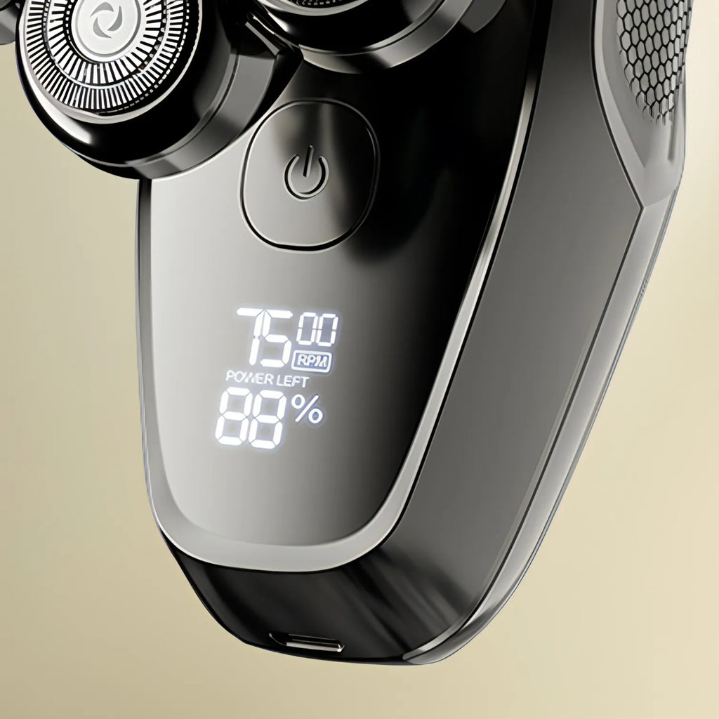 Onevik Glatzen Rasierer mit Digitaldisplay vor beigem Hintergrund
