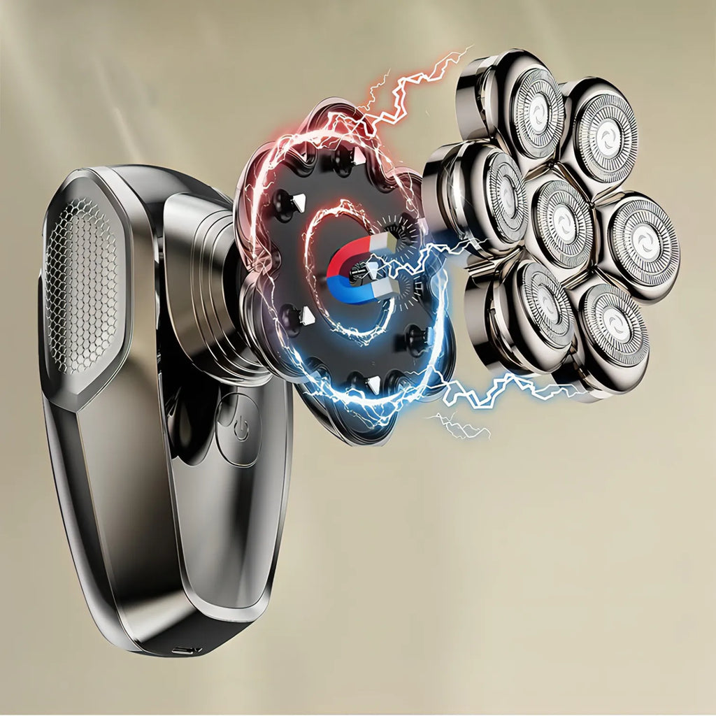 Onevik Glatzen Rasierer mit elektronischen Komponenten vor beigem Hintergrund