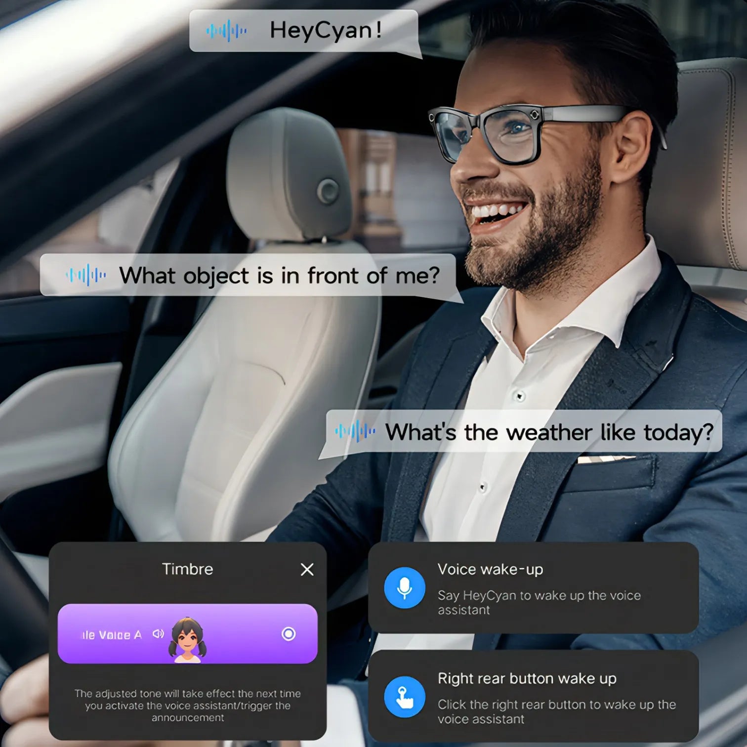 Mann im Auto interagiert mit einer Sprachassistent-Oberfläche