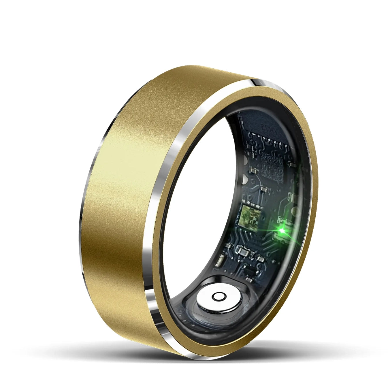 Goldener Onevik Smart Ring mit elektronischen Komponenten auf weißem Hintergrund