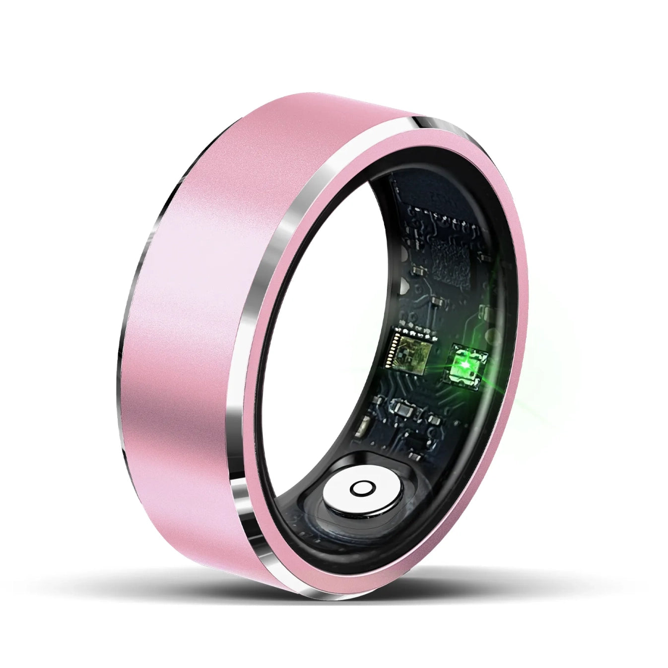 Pinker Onevik Smart Ring mit elektronischen Komponenten auf weißem Hintergrund