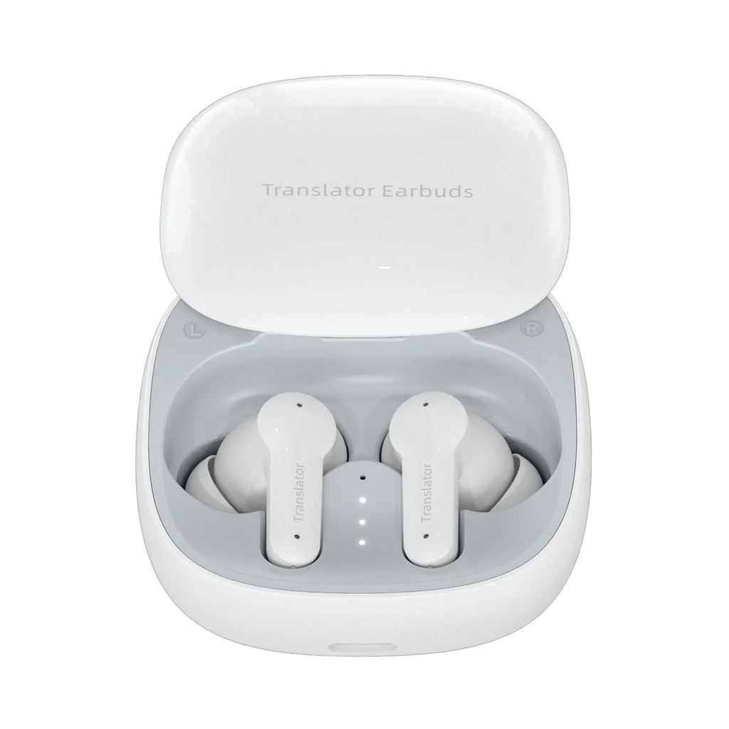 Weiße Onevik Übersetzer Kopfhörer in einer Ladehülle auf weißem Hintergrund