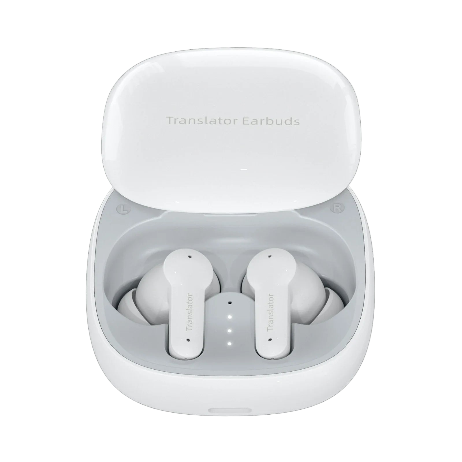Weiße Onevik Übersetzer Kopfhörer in einer Ladehülle auf weißem Hintergrund