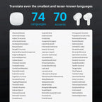 Text und Onevik Übersetzer Kopfhörer mit Informationen zur Sprachunterstützung vor dunklem Hintergrund