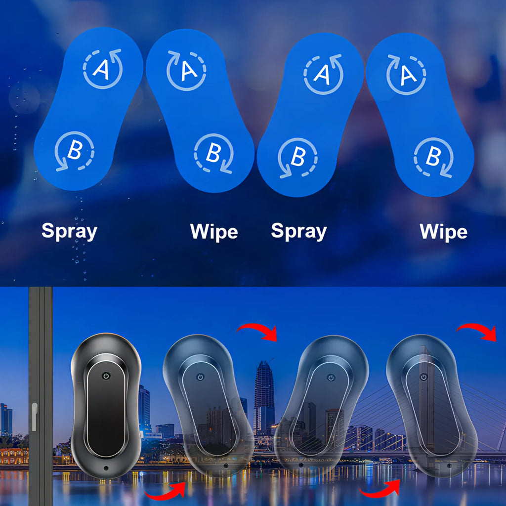 Produktdemonstration mit Swevix Fensterputzroboter beim Sprühen und Wischen vor unscharfem Stadtbild-Hintergrund