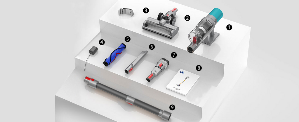 Sammlung von StarPod Staubsaugerkopf-Zubehörteilen auf weißem Hintergrund